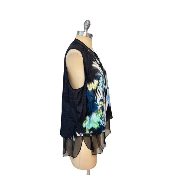 Elie Tahari Womens Eve Blouse NWT Large Black Floral Sheer Layered Sleeveless - Picture 2 of 5